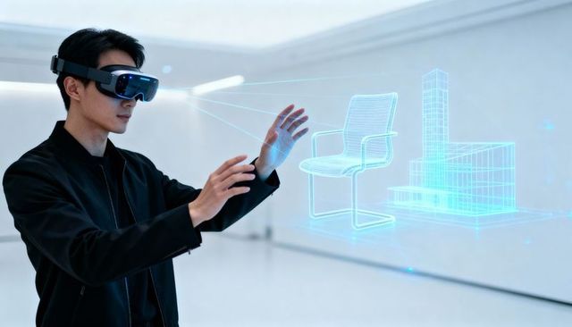 Man using mixed reality headset manipulating holographic chair and building wireframe