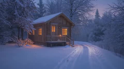 Log cabin glowing at dusk beside snow-covered forest road, lantern casting warm amber light