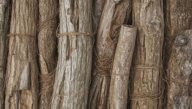 Weathered Wooden Poles Bound with Twine and Bark Strips Rustic Vertical Timber Texture