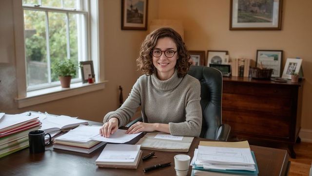 Smiling professional woman reviewing paperwork at warm home office desk with files