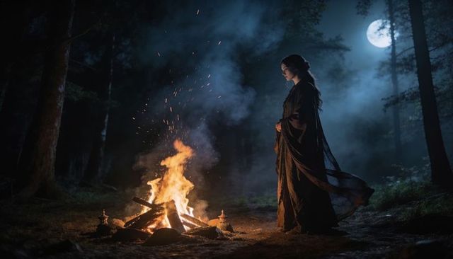 Mystic woman standing in dark flowing robe watching bonfire under full moon in misty forest