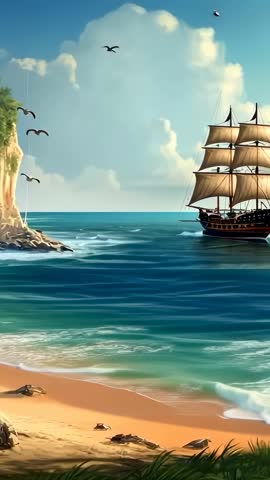 Three-masted ship entering secluded cove with seabirds guiding tropical beach vertical video