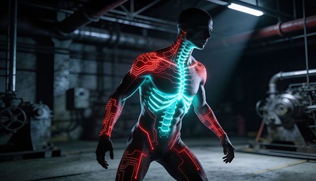 Standing cyborg showing glowing cyan spine and red circuit lines in underground plant