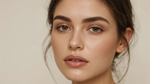 Elegant portrait of beautiful lady with neutral makeup against beige backdrop