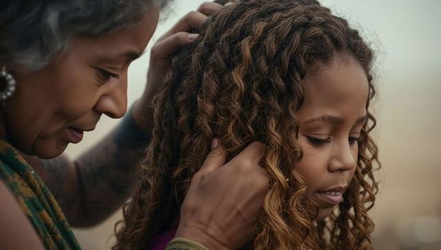 Grandmother styling granddaughter's curly hair outdoor connection