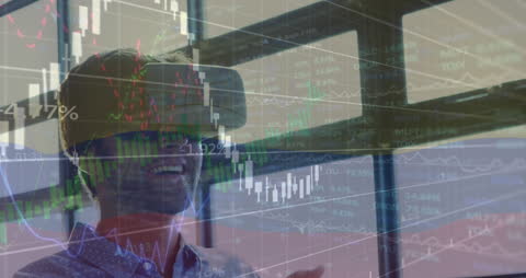 Man Immersed in Virtual Reality with Financial Data Overlay