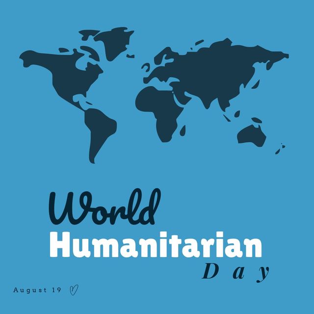 Illustration of map, world humanitarian day and august 19 text with heart shape on blue background. Copy space, vector, world, love, memorial, recognition, sacrifice and humanitarian concept.