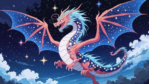 Majestic cosmic anime dragon soaring through starry night sky