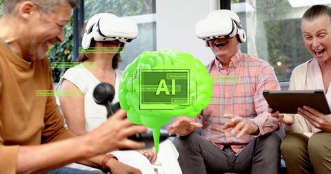 Seniors exploring virtual ai brain with vr headsets in interactive tech workshop