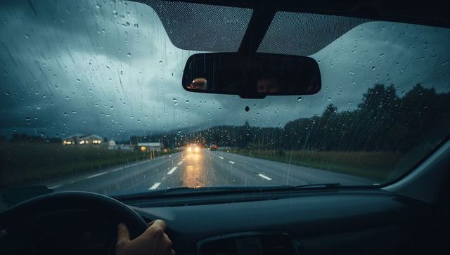 Nighttime wet highway driving through rain-splattered windshield with oncoming headlights