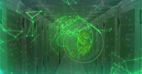 Holographic Globe Over Data Center Servers Illustrating Networking