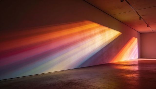 Colorful light bands casting prism spectrum across minimal gallery wall and floor prismatic art