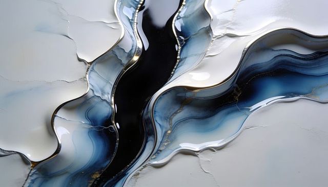 Glossy black-blue resin river with gold veins flowing across white epoxy panel