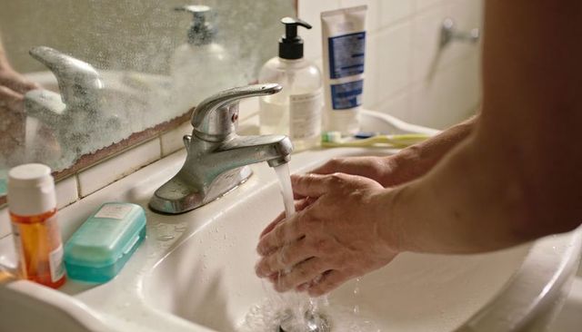 Male Hands Washing Under Running Faucet with Soap at Bathroom Sink for Hygiene Routine