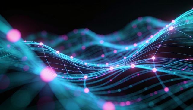Neon cyber wave rippling mesh with glowing nodes and interconnected data grid visualization
