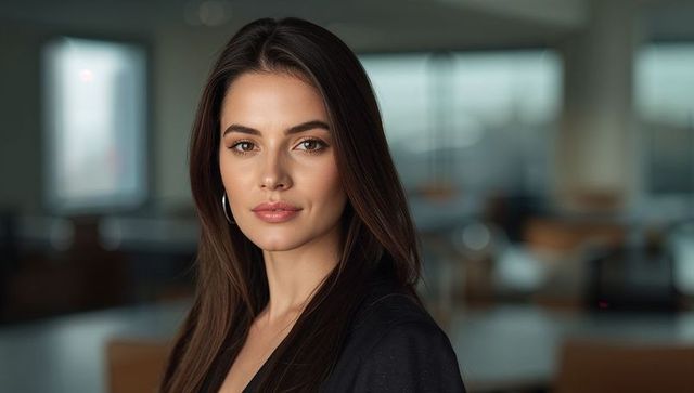 Confident professional woman portrait in open office, executive headshot for corporate use