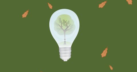 Unique concept depicting a tree enclosed within a light bulb, symbolizing green energy and environmental innovation. Brown leaves scattered against a deep green background enhance the motif of nature and sustainability. Ideal for use in campaigns focusing on eco-friendly technology, sustainability, or renewable energy initiatives.