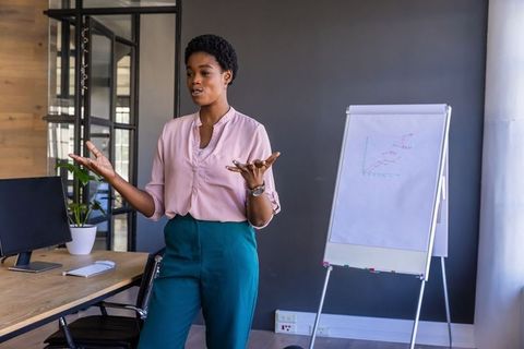 African american woman presenting growth chart to team in modern office with flip chart