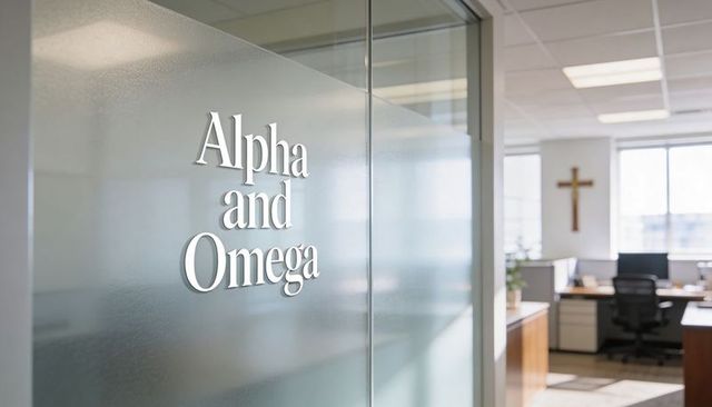 Modern christian office featuring frosted glass 'alpha and omega' sign and wooden cross