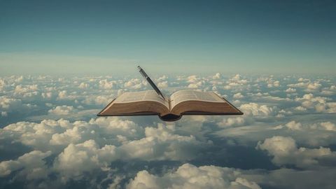 Floating open book above clouds with pen blending imagination and inspiration