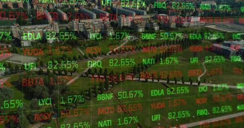 Stock ticker streaming over urban park and residential skyline