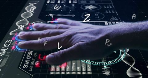 Hand Touching Holographic DNA HUD on Touchscreen for Biometric Genomics and Cybertech