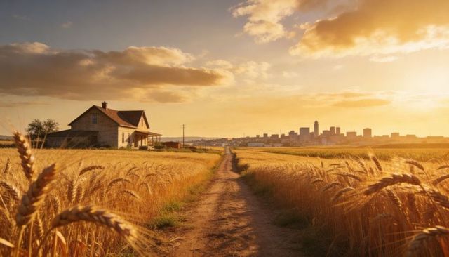 Winding dirt road cutting through golden wheat toward distant city skyline at sunset