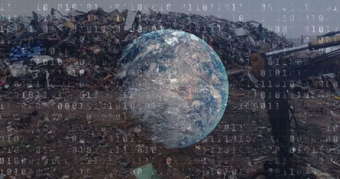 Globe with Digital Data Overlays Subsuming Urban Landfill