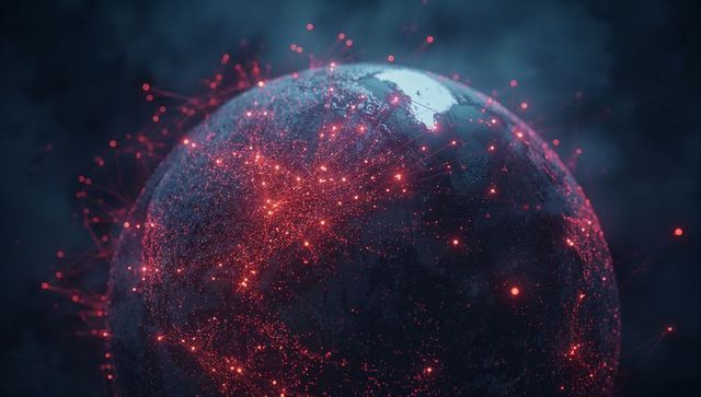 Digital globe with glowing red nodes on dark virtual space