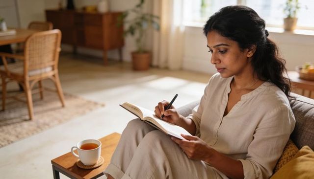 Calm indian woman journaling on sofa in beige linen, cozy minimalist home daylight