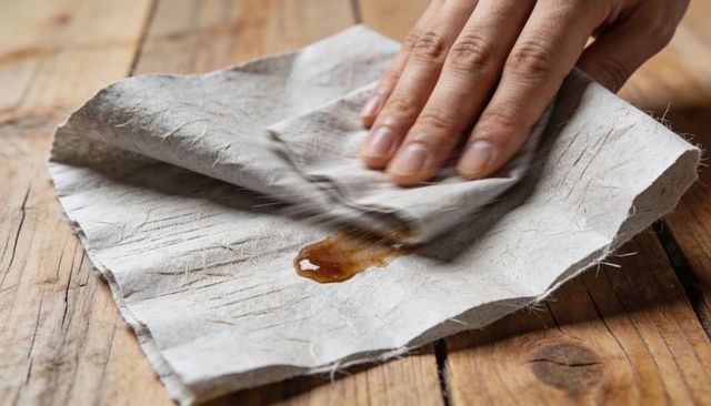 Hand blotting brown spill with textured gray cloth on rustic wooden tabletop