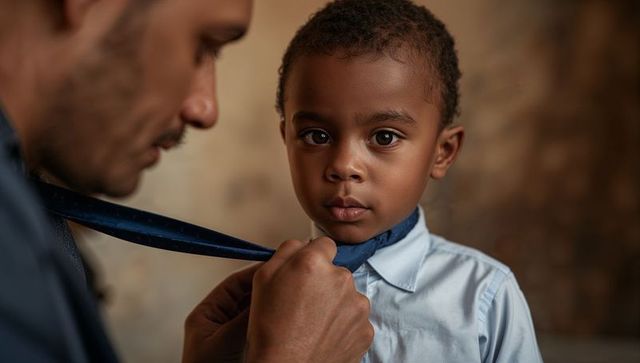 Father tying navy tie for young boy, closeup portrait showing parent-child bonding