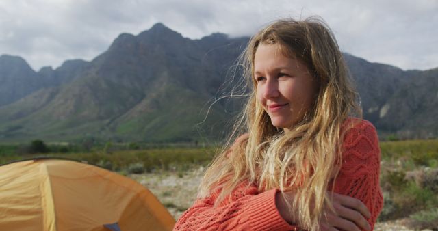 Smiling Girl Camping in Mountain Nature Setting - Download Free Stock Images Pikwizard.com