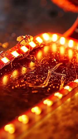 Powering Flexible LED Strip on Reflective Black Plate with Gold Flecks and Solder Macro Glow
