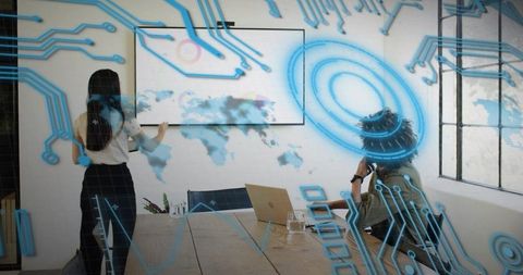 Business team presenting with holographic ar interface over world map in modern office