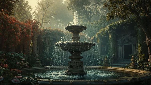 Ornate fountain in tranquil historic courtyard at sunrise
