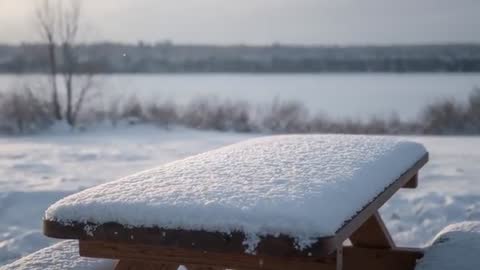 Light Snowfall Dusting Lakeside Picnic Table on Frozen Lake at Dawn