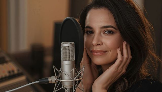 Female vocalist singing into condenser microphone in intimate recording studio session
