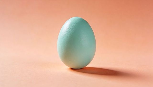 Seafoam egg standing on peach backdrop with soft left light and minimal shadow