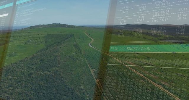 Rural Green Hills Encrypted Against Transparent Digital Interface