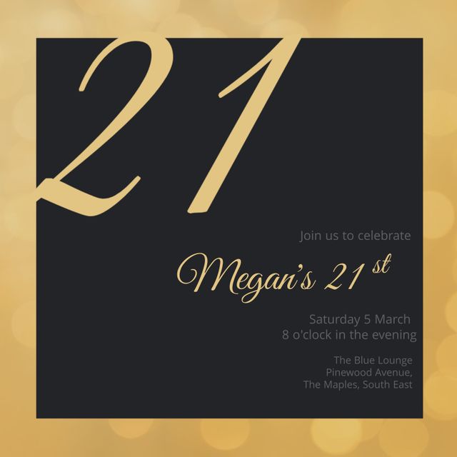 This elegant black and gold invitation template is perfect for a 21st birthday celebration or any formal event. With its sophisticated design, it adds a touch of class and glamour to the event. This template can be used for creating personalized invites, which can be sent digitally or printed. Ideal for milestone parties, this template ensures your event stands out with its chic and stylish look.