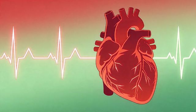 Pulsing stylized heart with ecg line on green-red medical background