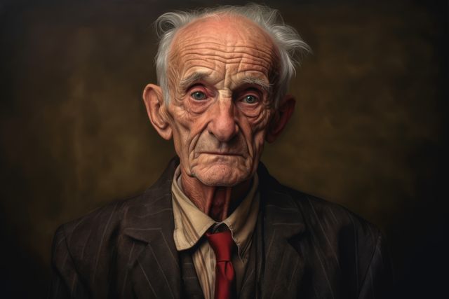 Elderly man with deep wrinkles and a worn look, gazing deeply with a serious expression. His gray hair and lined face convey a sense of wisdom and life experience. Ideal for conveying themes of aging, wisdom, and the passage of time. Can be used in articles discussing the elderly, senior care, life stories, or even in emotional storytelling contexts.