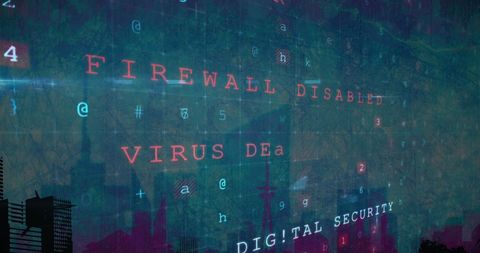 Digital malware alert over cityscape symbolizing cyber security threat