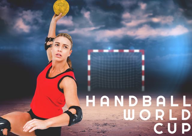 Composite image of determined caucasian woman with handball by text against sky, copy space. handball world cup, sport and competition.