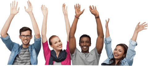 Diverse Friends Raising Arms, Transparent Background
