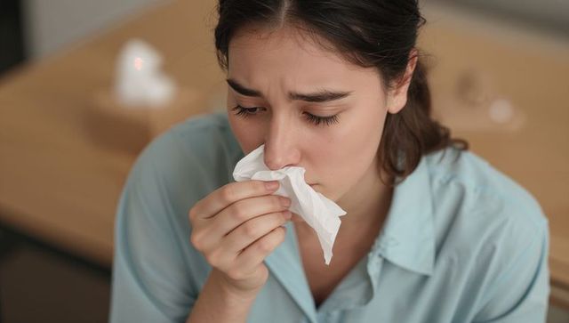 Young professional with allergy symptoms in office environment