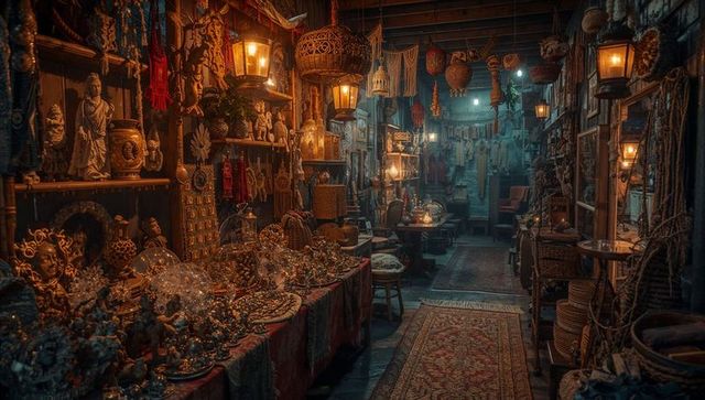 Cozy antique shop with glowing lanterns and artisanal displays