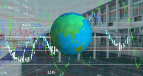 Digital Globe Overlapping Financial Graphs on Urban Backdrop