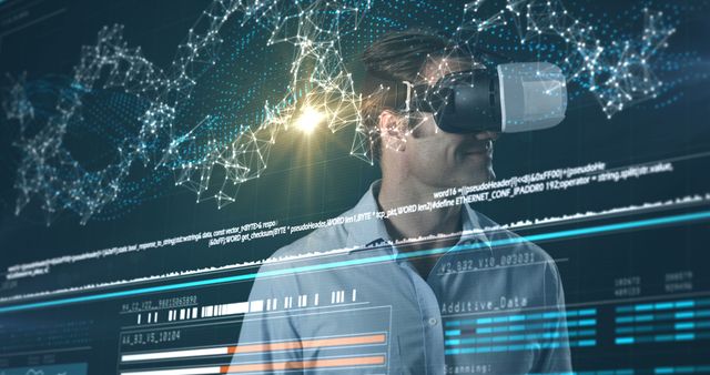 Attentive man using virtual reality headset and futuristic screen